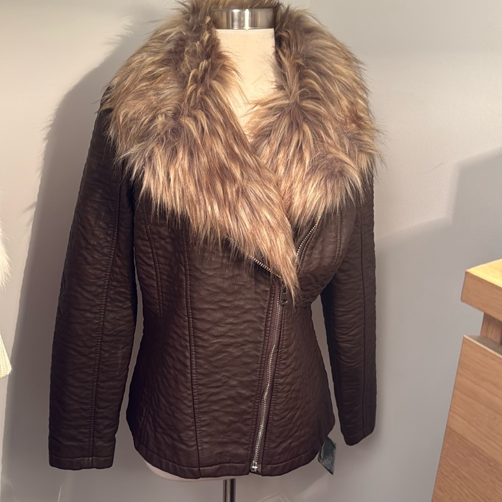 VENUS Faux Leather Jacket with faux Fur Collar